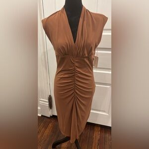 Molly New York NWT ruched V Neck Midi Brown Dress Lined Style # 9166mj3